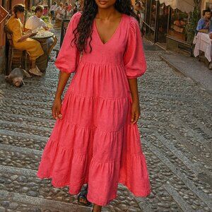 Zara Pink Puff Sleeve Maxi Dress XS